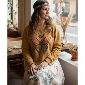 Zoe+Liv Mustard Yellow Butterfly Graphic Retro Sweatshirt Size XS